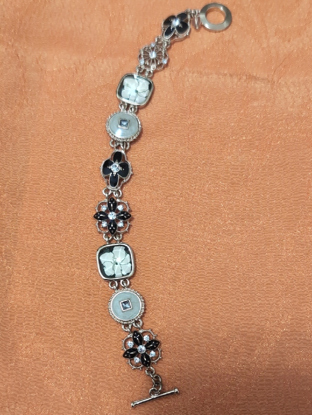 Vintage Napier Silver Floral-Link Bracelet with Black & White Accents